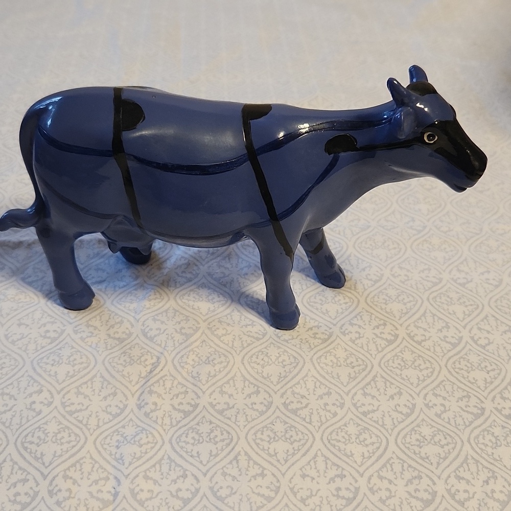 K'S Collection Blue Black Striped Hand Painted Cow Figurine 7"x3.5"